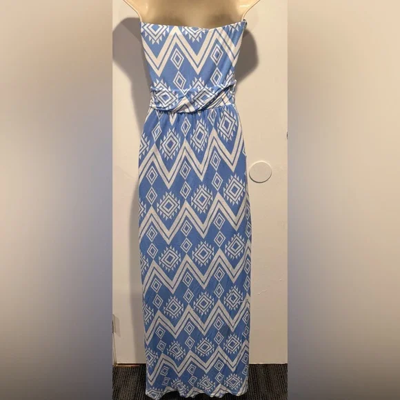 Blue and White Strapless Maxi Dress - Picture 3 of 5
